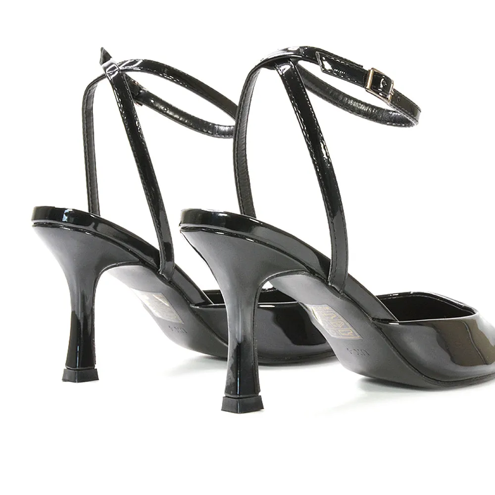 Tori  Point Toe High Heel Stiletto Court Shoes With Ankle Strap in Navy Patent