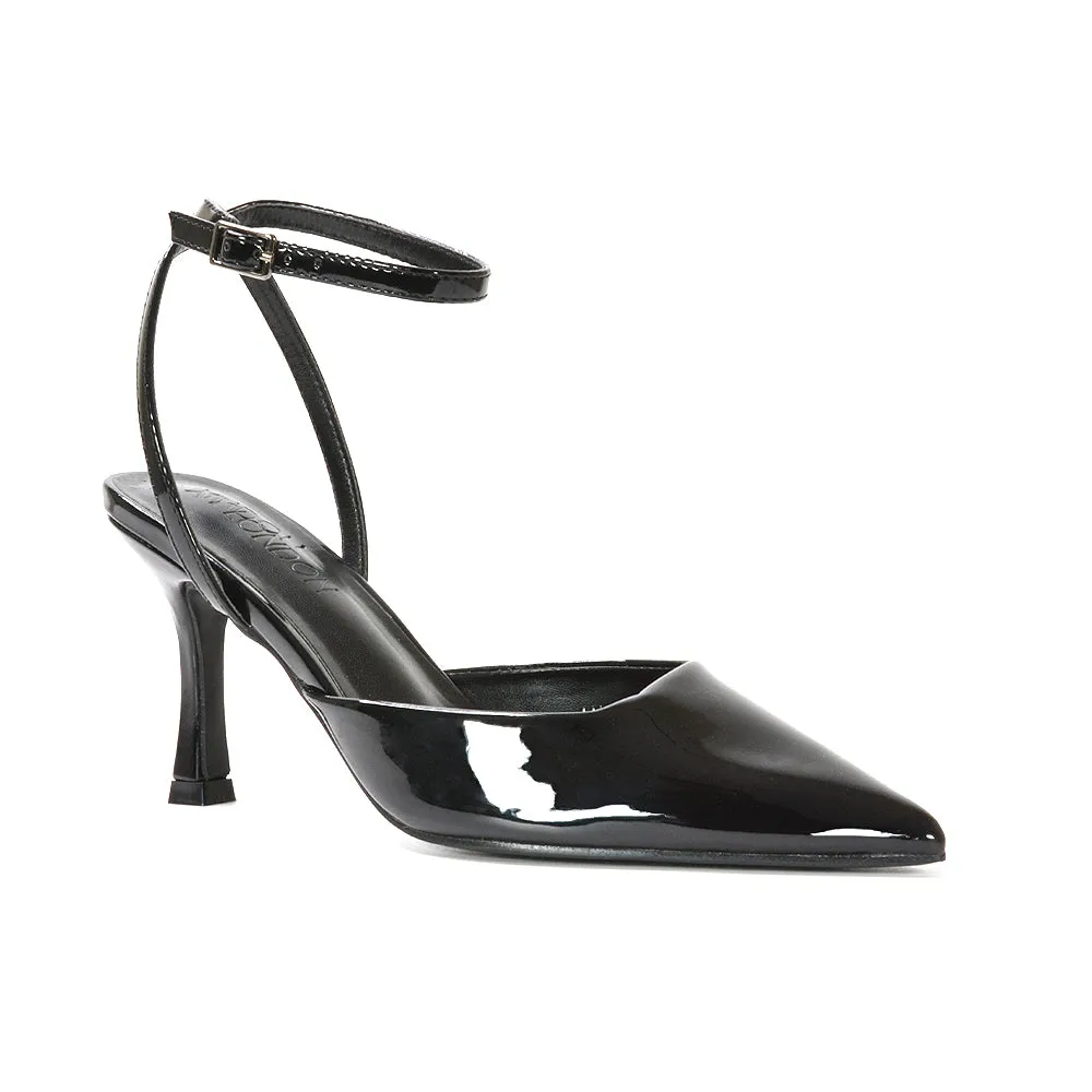 Tori  Point Toe High Heel Stiletto Court Shoes With Ankle Strap in Navy Patent