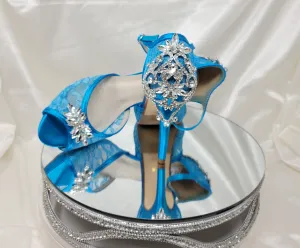 Turquoise Lace Bridal Shoes with Sparkling Front and Heel Design