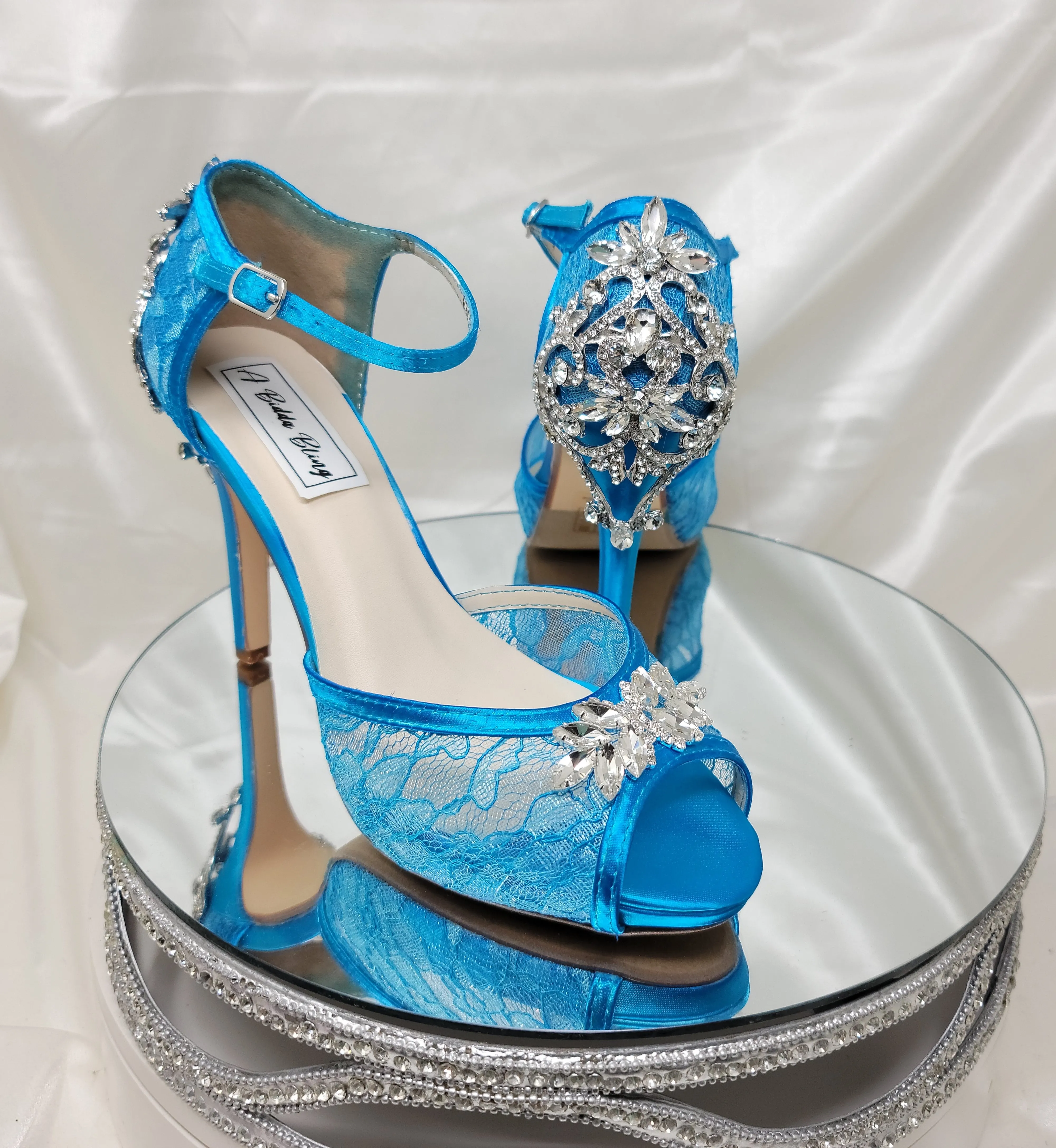 Turquoise Lace Bridal Shoes with Sparkling Front and Heel Design