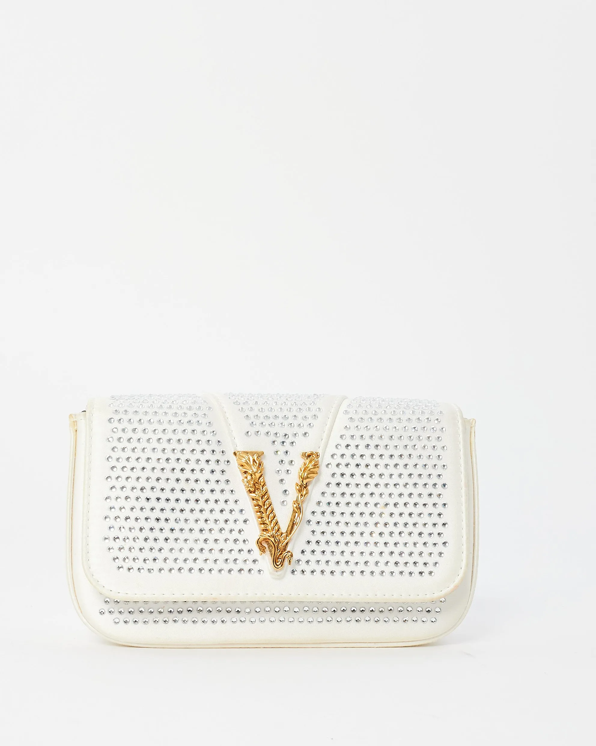 Versace White Satin Rhinestone Virtus Crossbody Bag