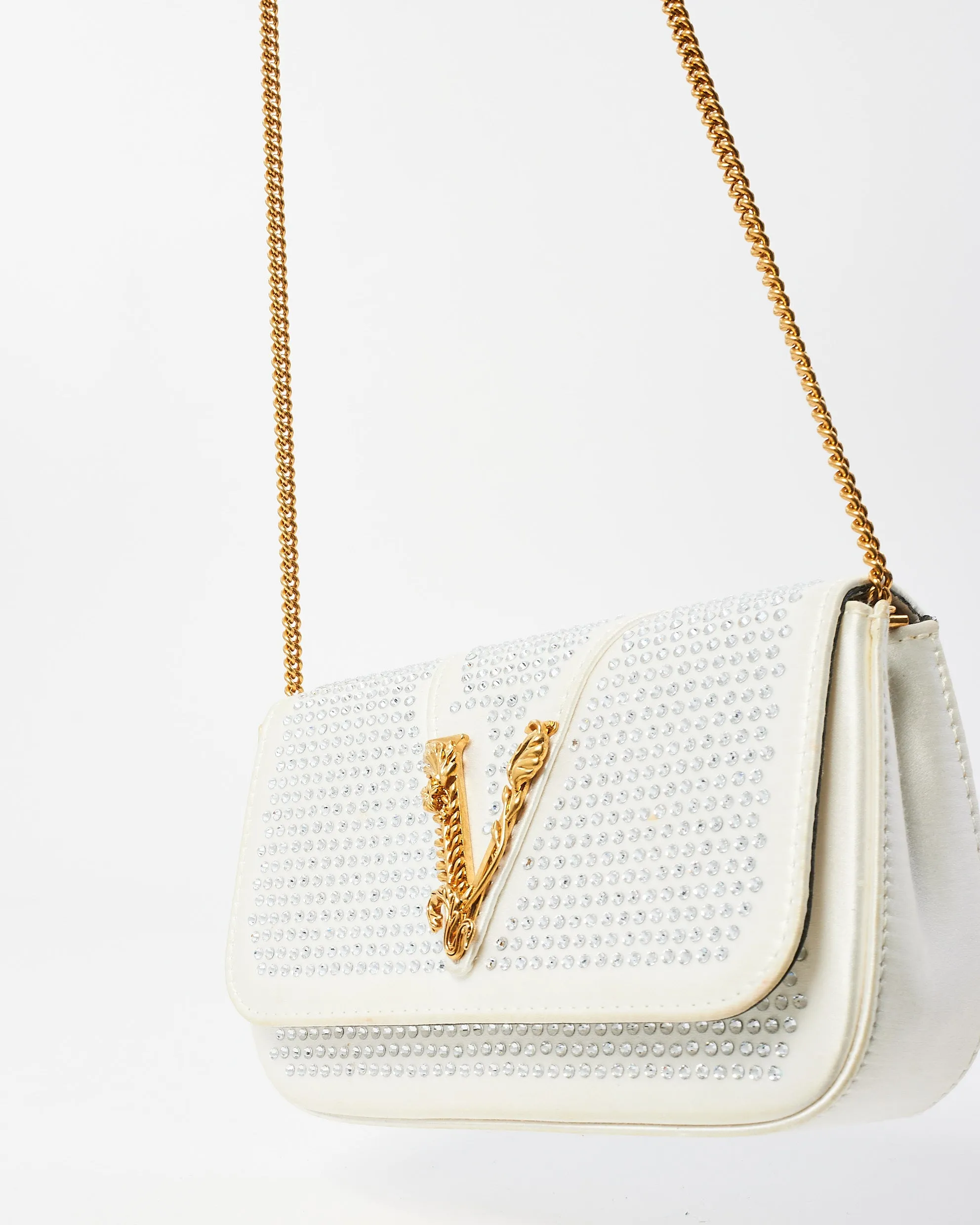 Versace White Satin Rhinestone Virtus Crossbody Bag