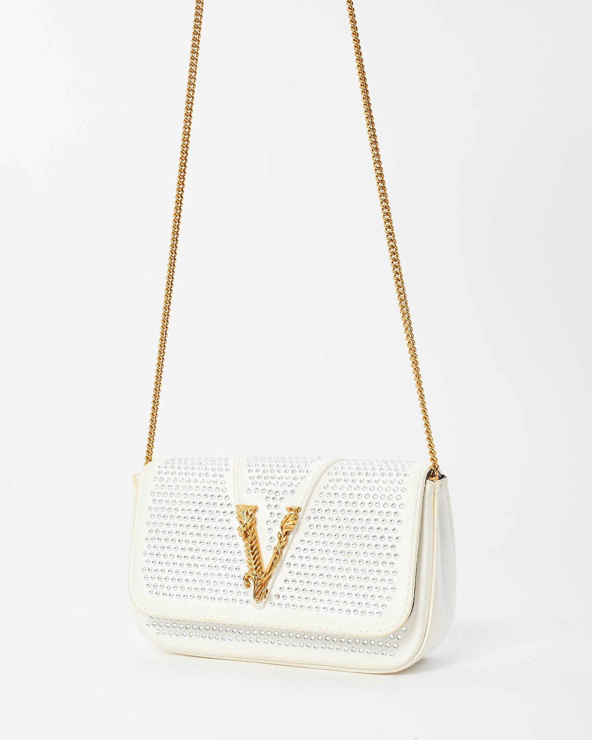 Versace White Satin Rhinestone Virtus Crossbody Bag