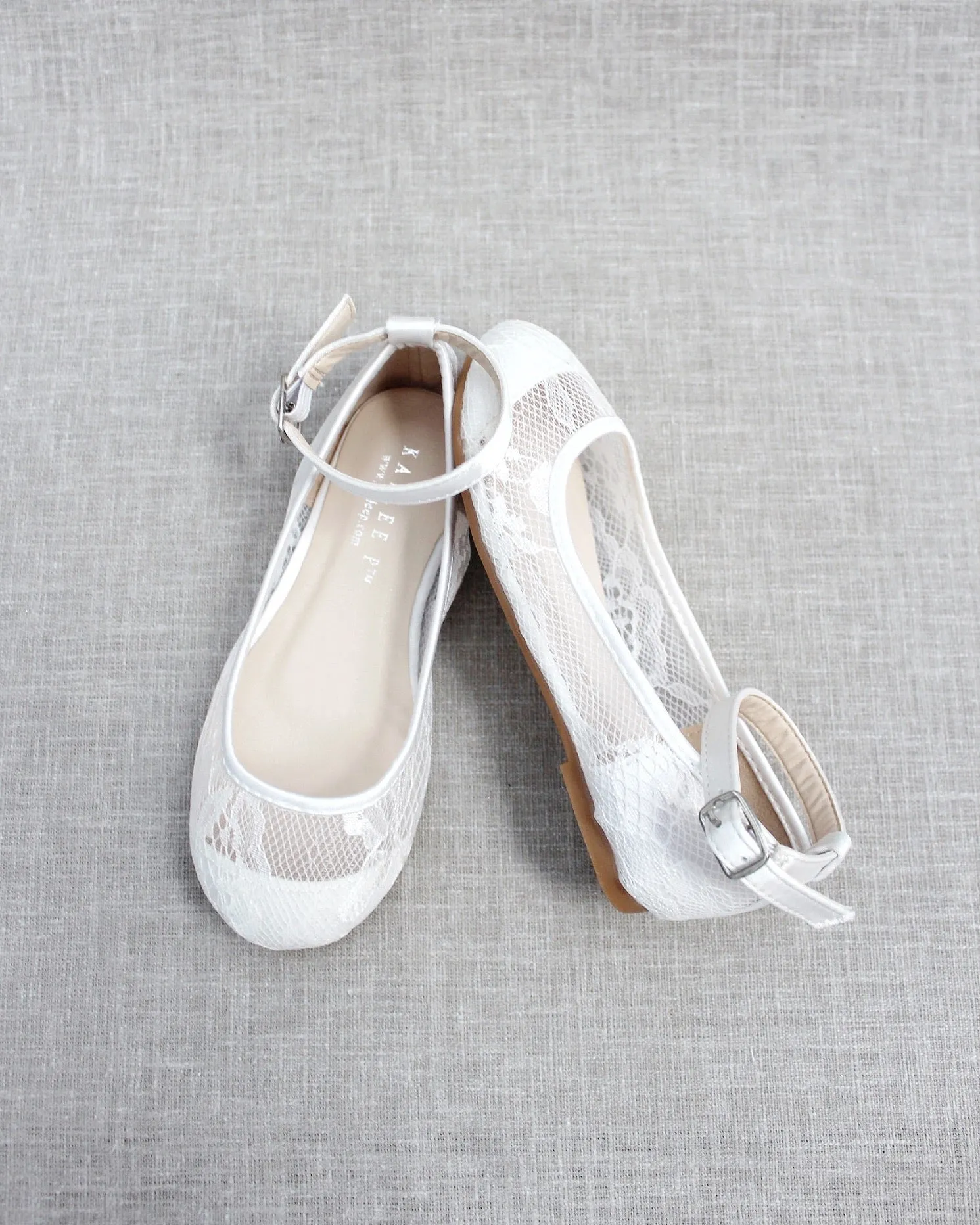 White New Lace Ballet Flats with Ankle Strap