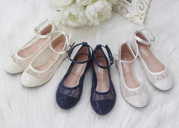 White New Lace Ballet Flats with Ankle Strap