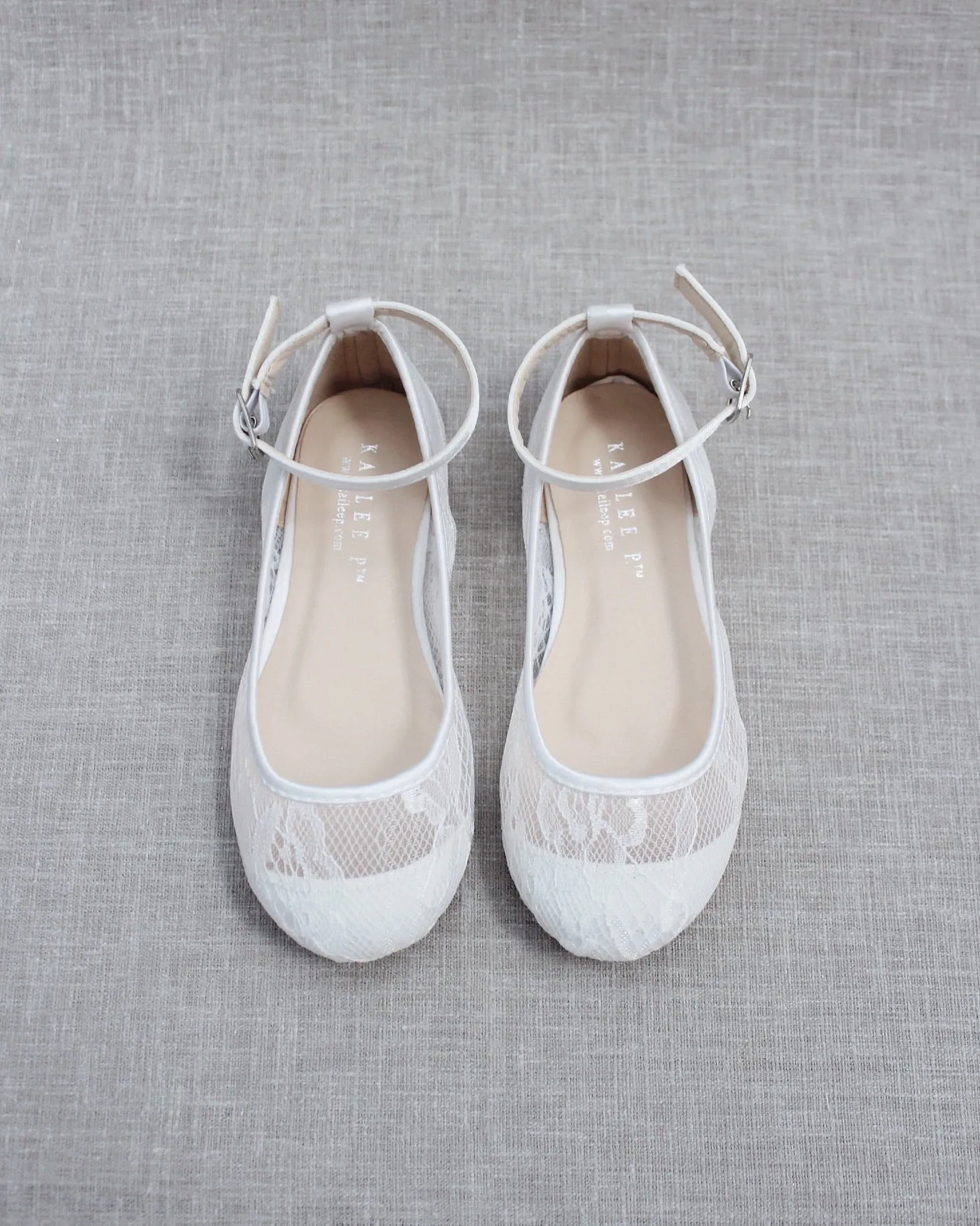 White New Lace Ballet Flats with Ankle Strap