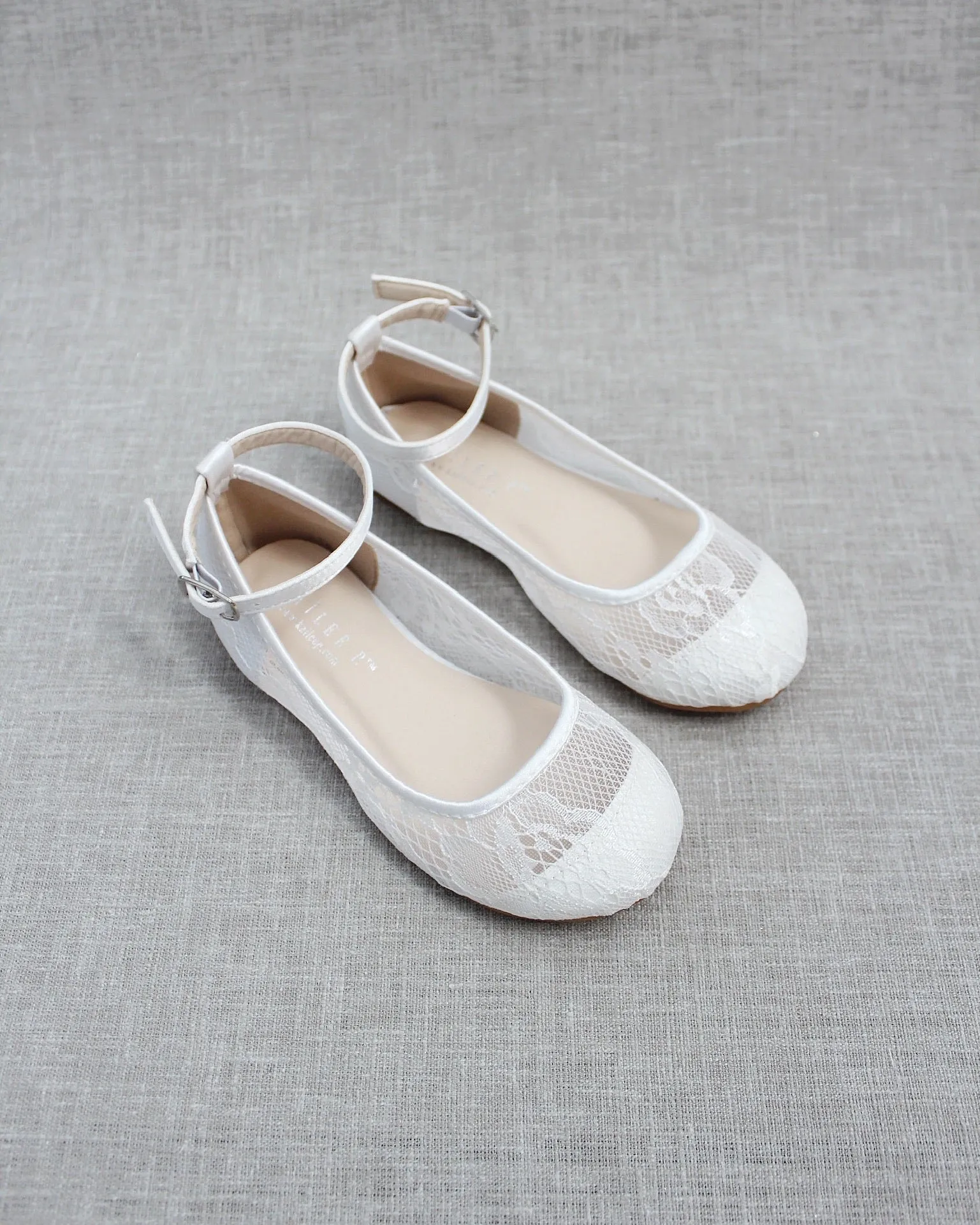 White New Lace Ballet Flats with Ankle Strap