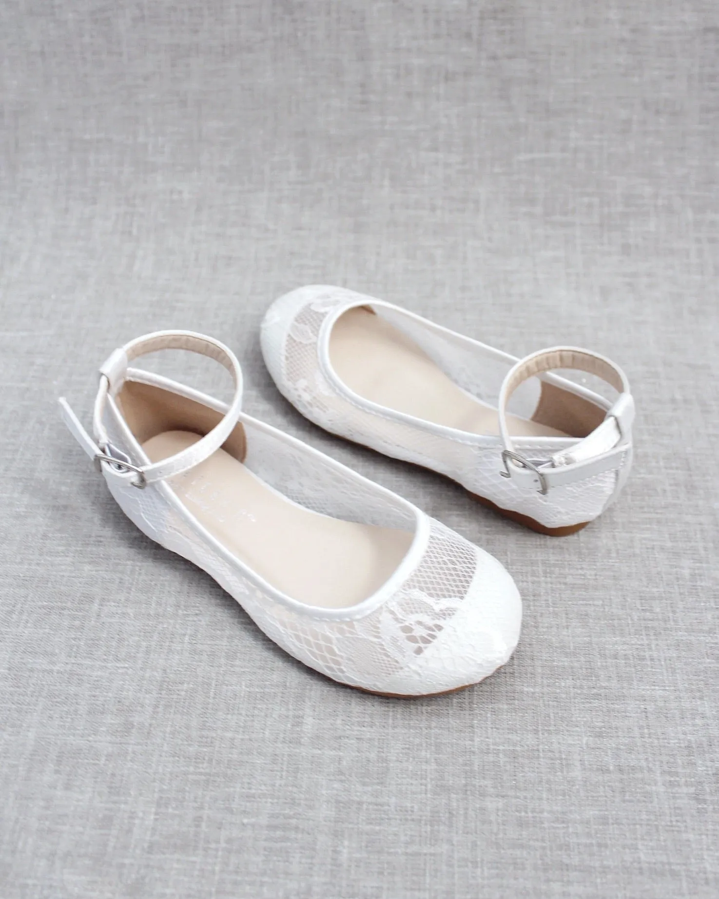 White New Lace Ballet Flats with Ankle Strap