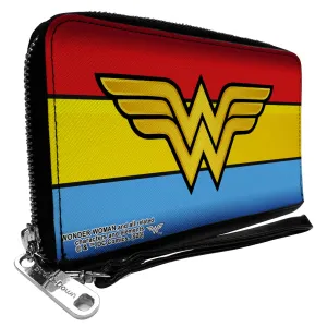 Wholesale PU Zip Around Wallet Rectangle - Wonder Woman Logo/Stripe Red/Yellows/Blue