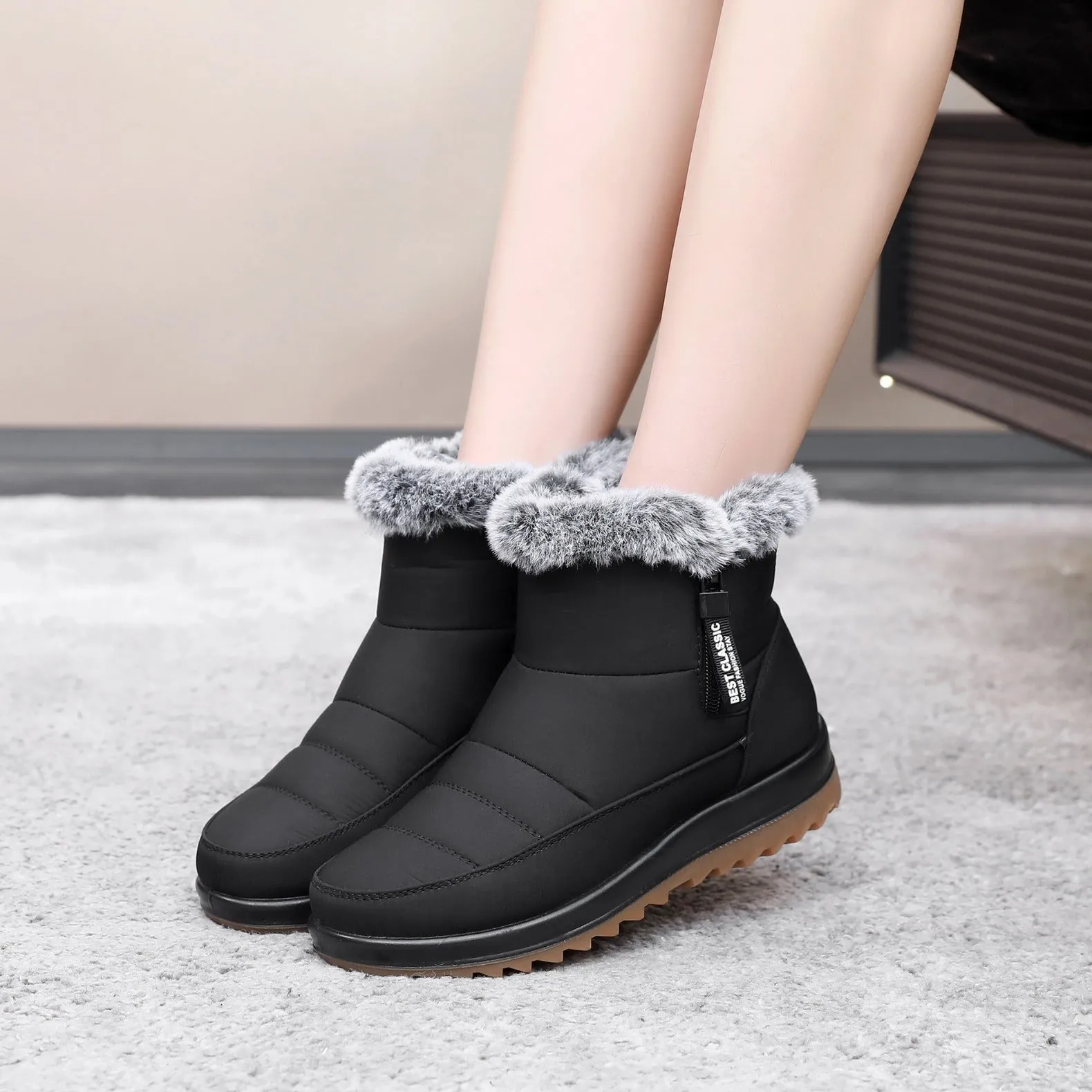 Winter Snow Boot With Side Zipper Fashion Warm Plush Ankle Boots Women's Fleece Short Shoes