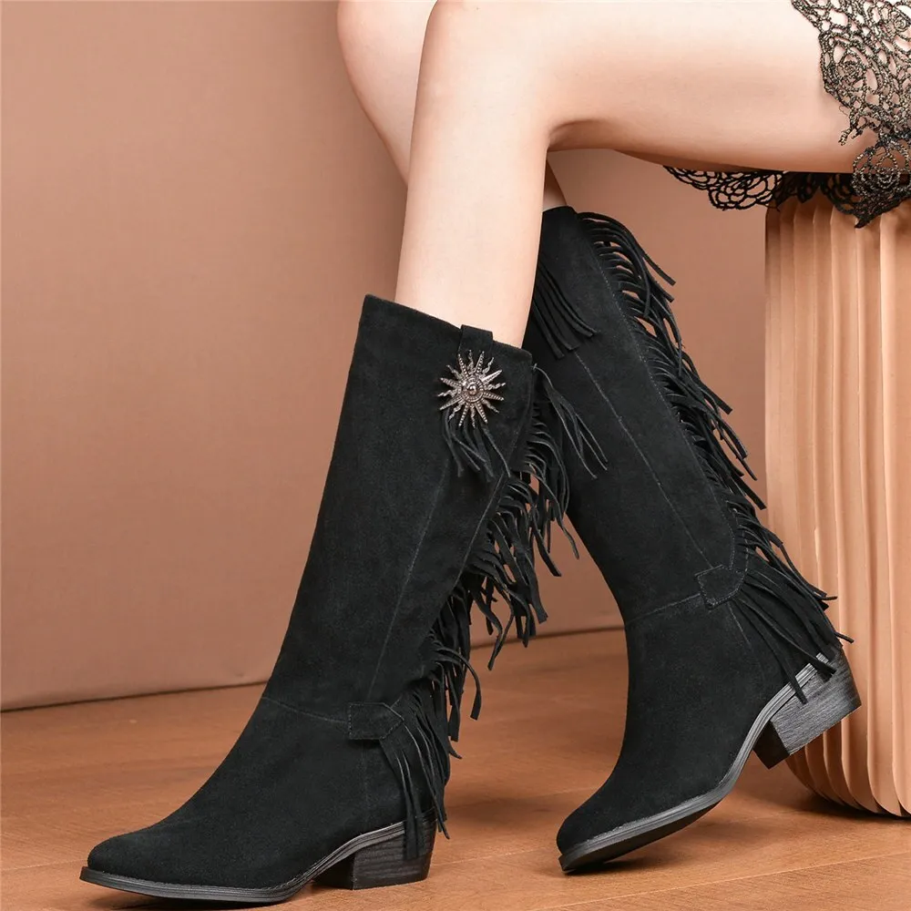 Women Chunky Heels Mid Calf Motorcycle Boots