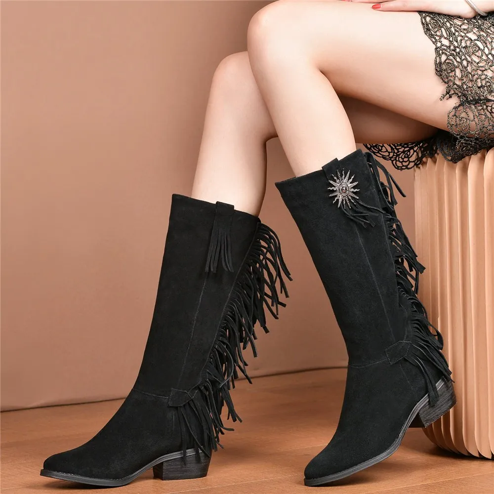 Women Chunky Heels Mid Calf Motorcycle Boots