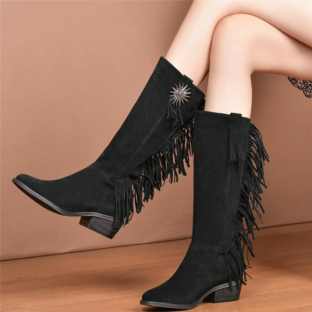 Women Chunky Heels Mid Calf Motorcycle Boots