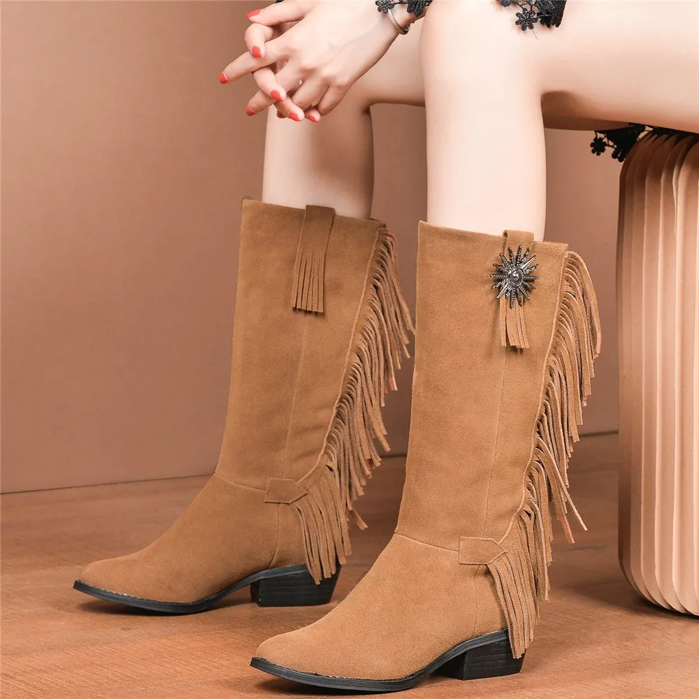 Women Chunky Heels Mid Calf Motorcycle Boots