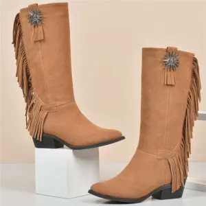 Women Chunky Heels Mid Calf Motorcycle Boots