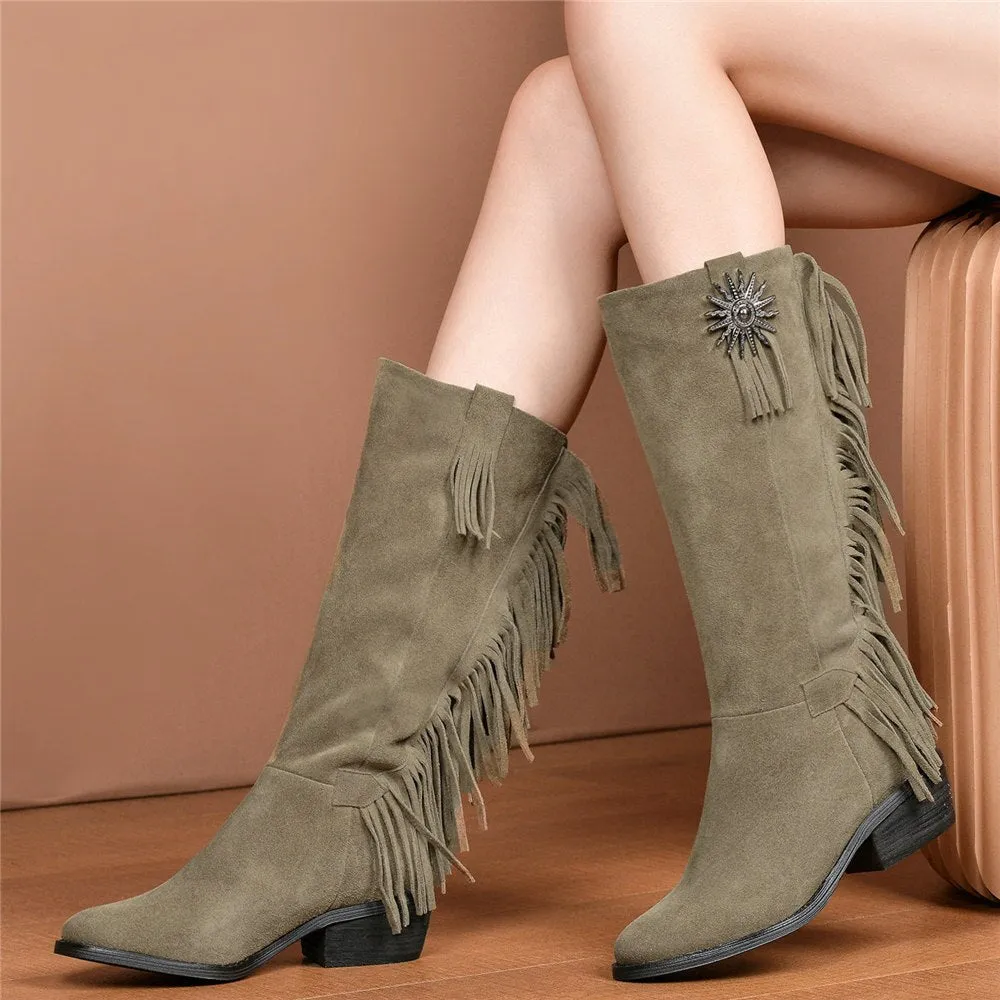 Women Chunky Heels Mid Calf Motorcycle Boots
