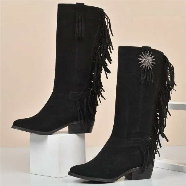 Women Chunky Heels Mid Calf Motorcycle Boots