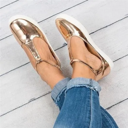 Women Flats Loafers Cutout Casual Leather Shoes T-Strap Sneakers