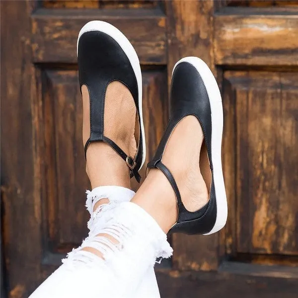 Women Flats Loafers Cutout Casual Leather Shoes T-Strap Sneakers