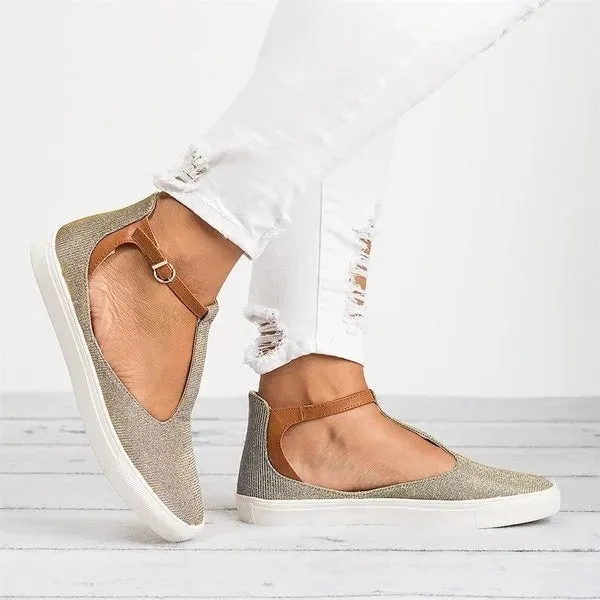 Women Flats Loafers Cutout Casual Leather Shoes T-Strap Sneakers