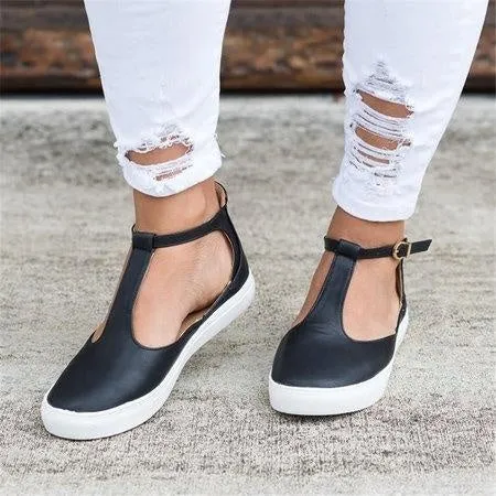 Women Flats Loafers Cutout Casual Leather Shoes T-Strap Sneakers