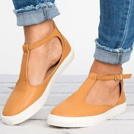 Women Flats Loafers Cutout Casual Leather Shoes T-Strap Sneakers