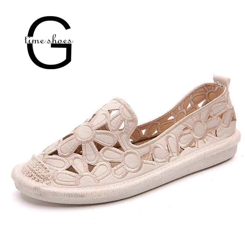 Women Flats Shoes Embroidery Straw Fisherman Shoe
