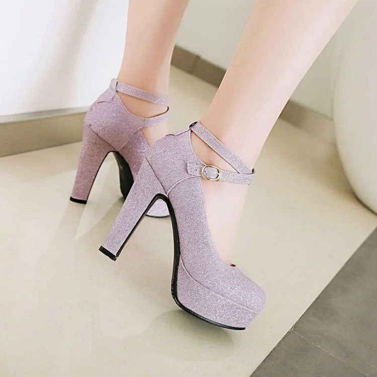 Women's Ankle Strap Gelitter High Heels Chunky Platform Pumps