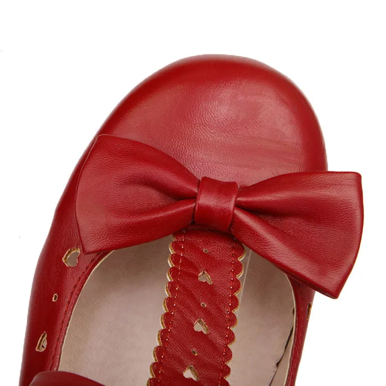 Women's Carved Bow Tie T Strap Block Heel Platform Pumps