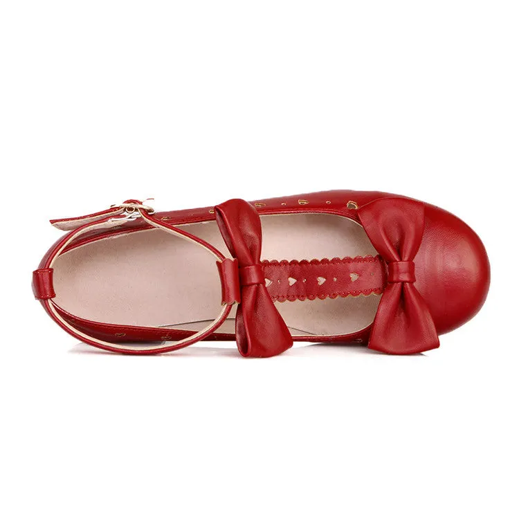 Women's Carved Bow Tie T Strap Block Heel Platform Pumps