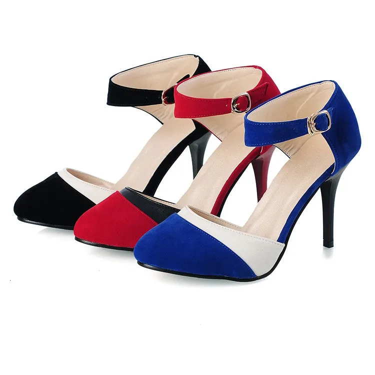 Women's Color Block Pointed Toe Ankle Strap Buckle Stiletto High Heel Sandals