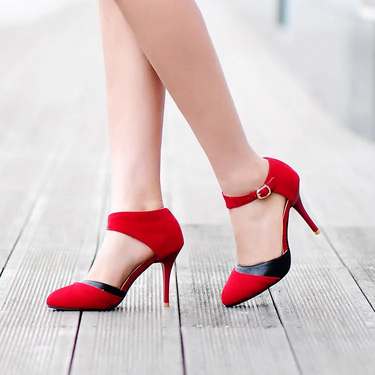 Women's Color Block Pointed Toe Ankle Strap Buckle Stiletto High Heel Sandals