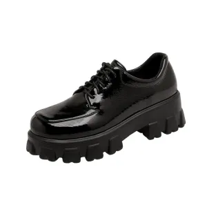 Women's Glossy Round Toe Lace Up Platform Block Heel Shoes