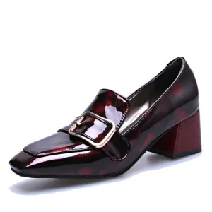 Women's Patent Leather Buckle Chunky Heel Pumps
