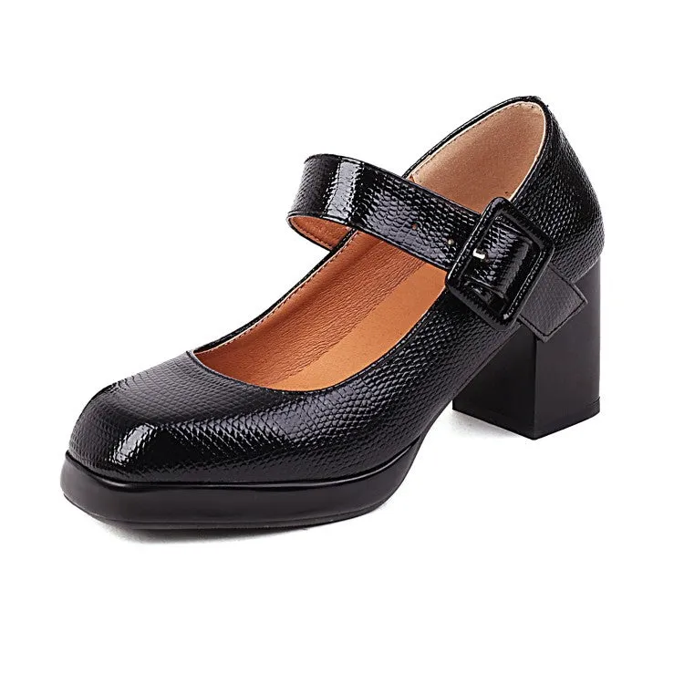 Women's Platform Pumps Snake Printed Mary Janes Buckle Straps Block Chunky Heel