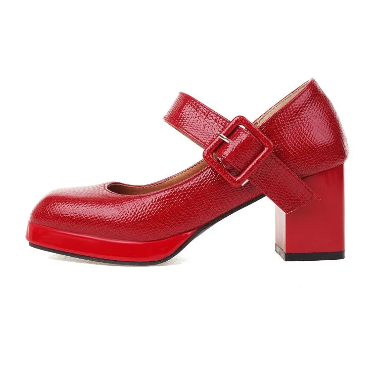 Women's Platform Pumps Snake Printed Mary Janes Buckle Straps Block Chunky Heel