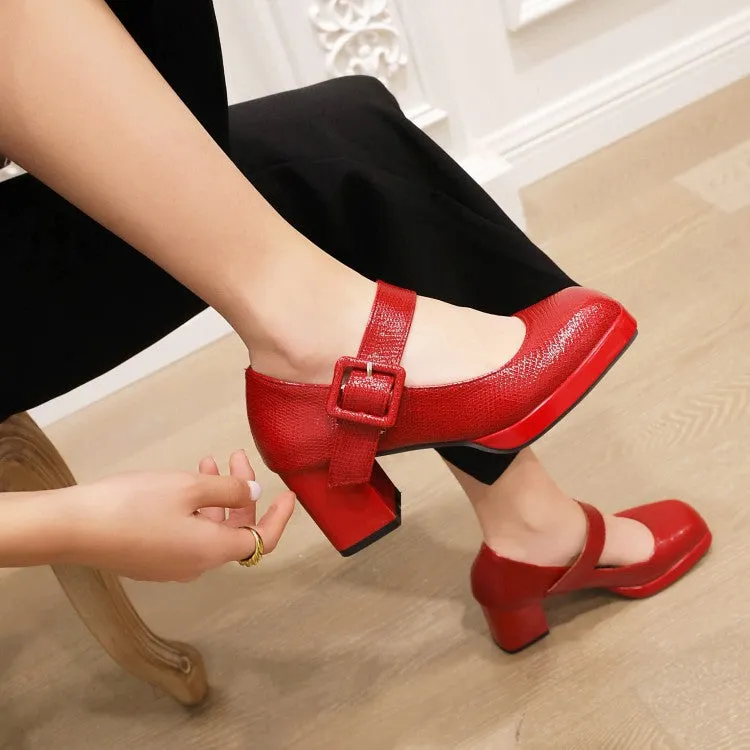 Women's Platform Pumps Snake Printed Mary Janes Buckle Straps Block Chunky Heel