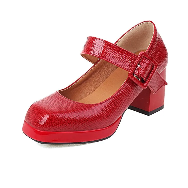 Women's Platform Pumps Snake Printed Mary Janes Buckle Straps Block Chunky Heel