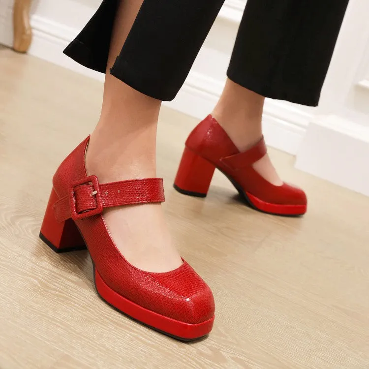 Women's Platform Pumps Snake Printed Mary Janes Buckle Straps Block Chunky Heel