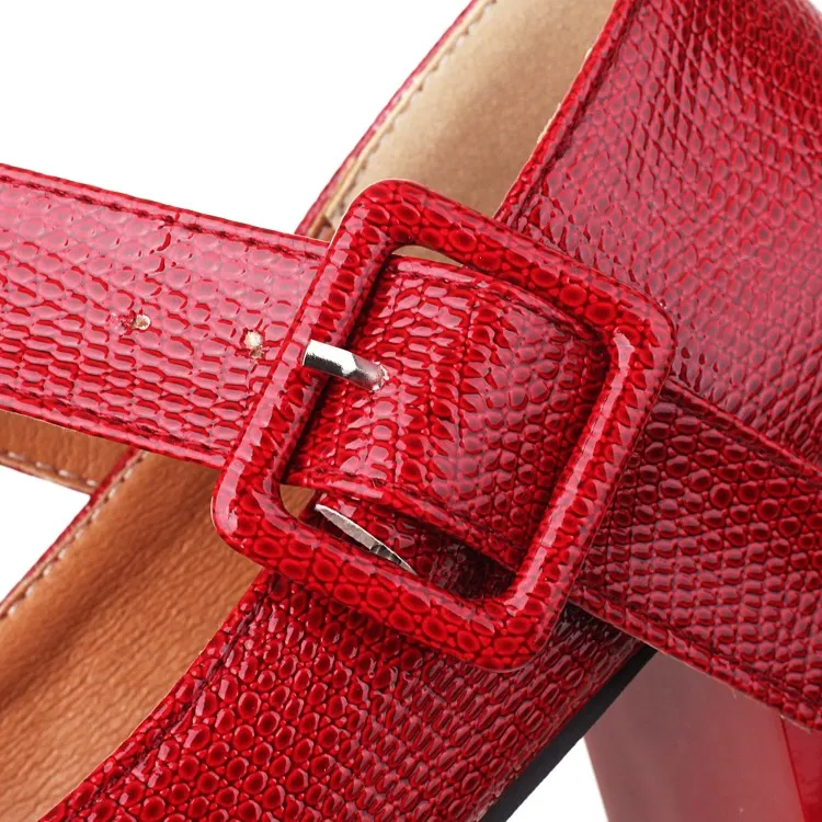 Women's Platform Pumps Snake Printed Mary Janes Buckle Straps Block Chunky Heel