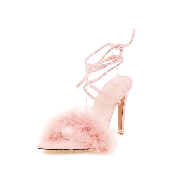 Women's Pointed Toe Fur Cross Ankle Strap Stiletto High Heel Sandals