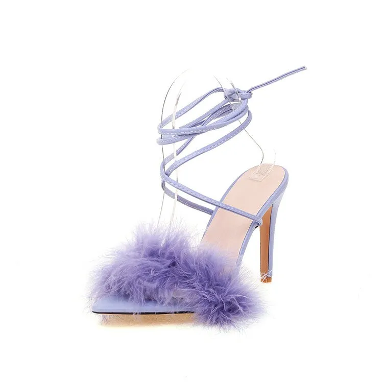 Women's Pointed Toe Fur Cross Ankle Strap Stiletto High Heel Sandals