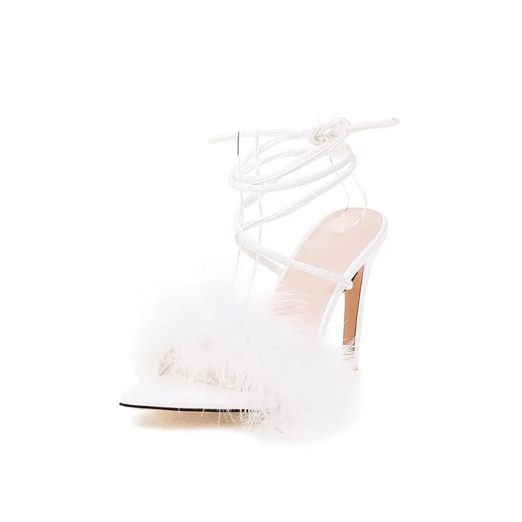 Women's Pointed Toe Fur Cross Ankle Strap Stiletto High Heel Sandals