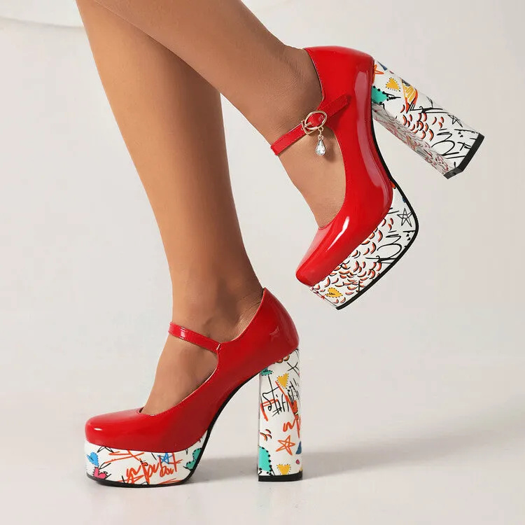Women's Shallow Color Painting Mary Janes Block Heel Platform Pumps
