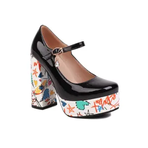 Women's Shallow Color Painting Mary Janes Block Heel Platform Pumps