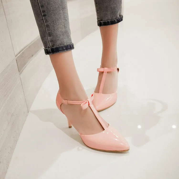Women's's High Heels Pointed Toe Butterfly Knot T Strap Stiletto Sandals