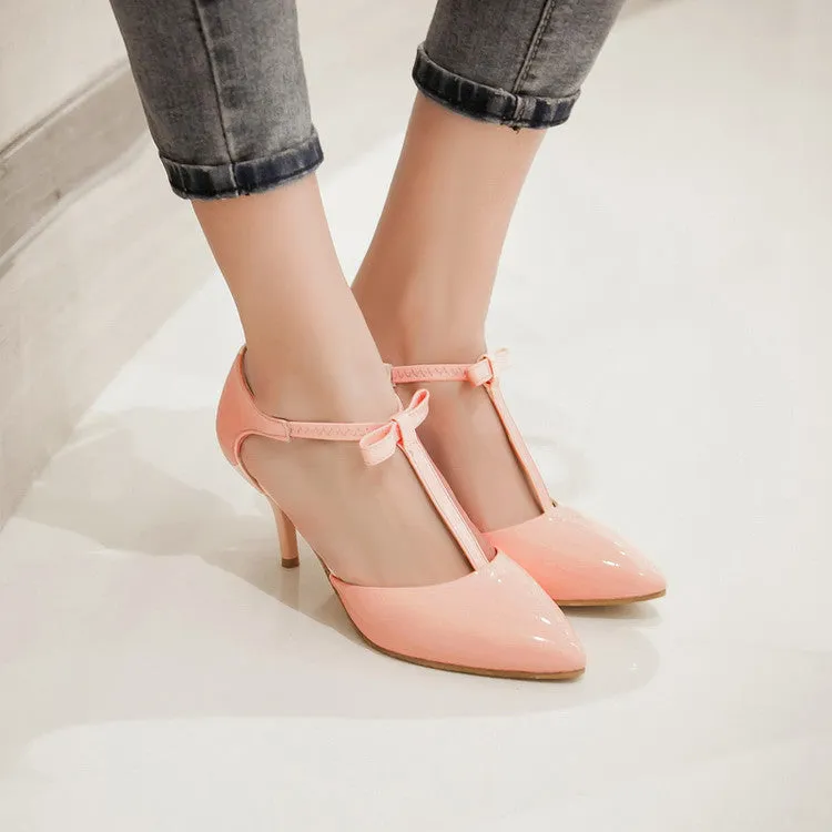 Women's's High Heels Pointed Toe Butterfly Knot T Strap Stiletto Sandals