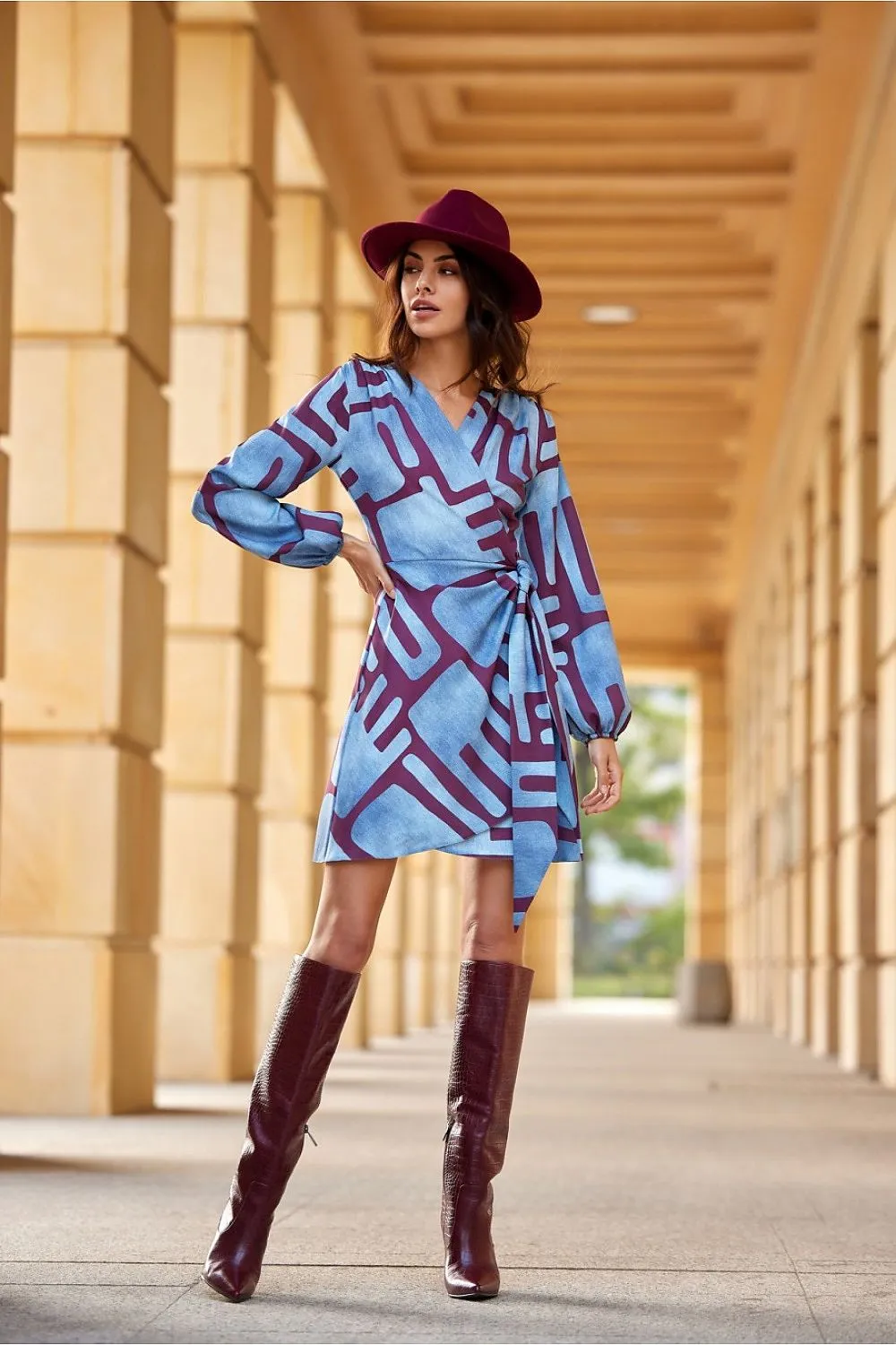 Wrap Tie Dress with Puffy Sleeves