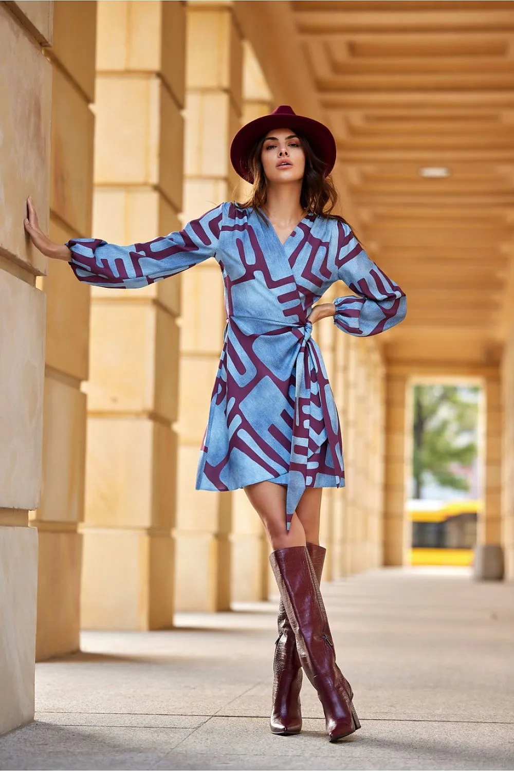 Wrap Tie Dress with Puffy Sleeves