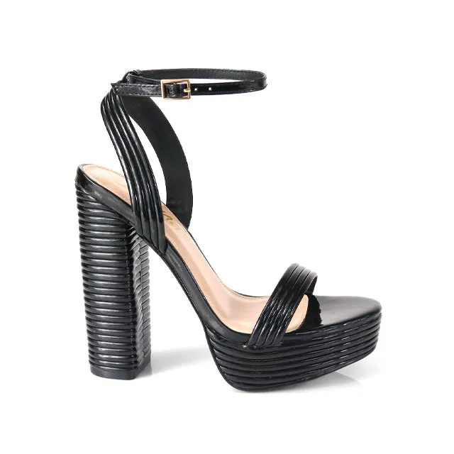 YUKO-100 Black Faux Leather Open Toe Ankle Strap with Adjustable Buckle